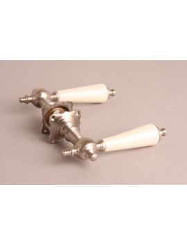 Deurklink (paar) geborsteld nikkel met wit porselein +rozetten maat 140mm in Geborsteld nikkel met wit porselein.